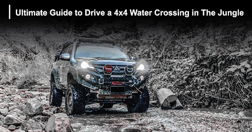 4x4 Hmaer balck driving in a stream and mud with lights